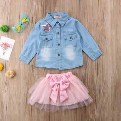 

Kids Baby Girls Denim Long Sleeve Top Shirt Outfit Set Clothes Lace Skirt Dress