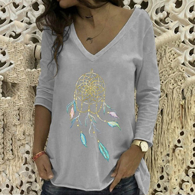 

Women V Neck Dreamcatcher Printed T-Shirts Casual Loose Autumn Long Sleeve Wild Blouses