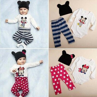 

Newborn Baby Kids Romper Micky Mouse Minnie Cartoon Outfits 3pcs TopsPantsHats