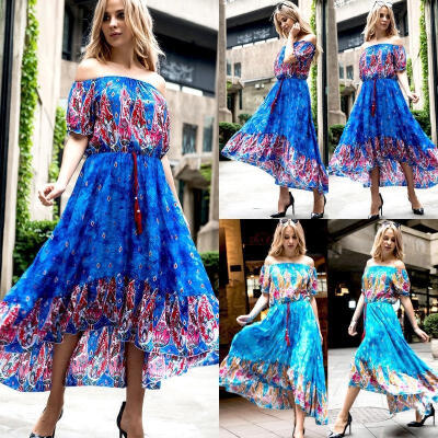 

New Women Summer Boho Off Shoulder Floral Beach Party Maxi Long Dress Sundress