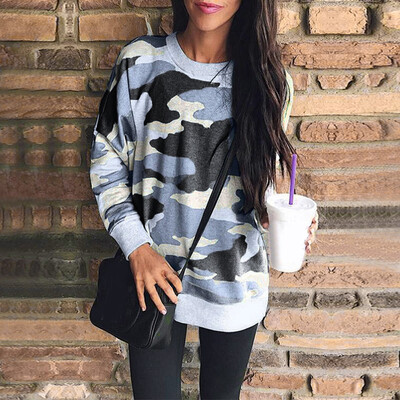

Womens Fashion Camouflage Printed Tops Round Neck Long Sleeve Loose Sweatshirt
