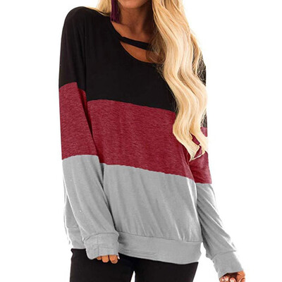 

2019 New Spring Summer Women Fashion Casual Color matching Neckline hollow O-neck Long Sleeve Loose T-shirt