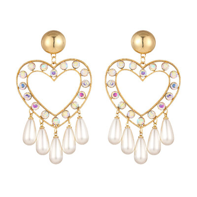 

Love Heart Rhinestone Inlaid Faux Pearl Dangle Women Statement Stud Earrings