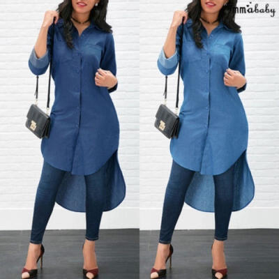 

Women Fashion Long Sleeve Solid Color Casual V-neck Buttons Denim Long Shirt Clubwear Party Slim Midi Dress