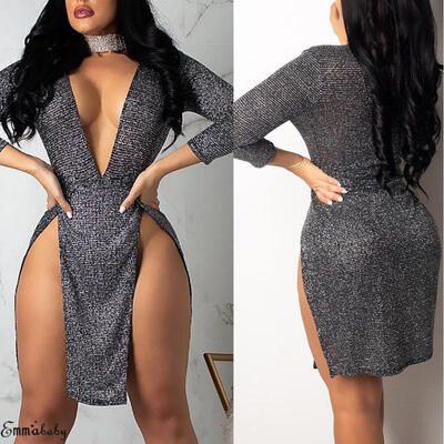 

Women Sparkly V Neck Long Sleeve Bandage Bodycon Mini Dress Party Gown Clubwear