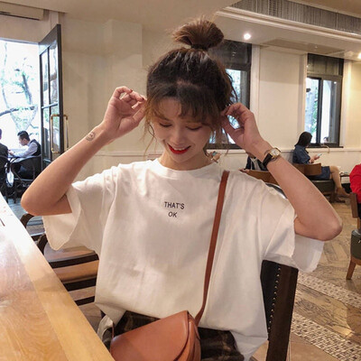 

Womens Round Neck Cartoon Funny Character & Letters Print Short Sleeve Loose Pullover T-Shirt