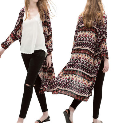 

New Women Kimono Cardigan Beach Cover Up Floral Geometric Print Chiffon Boho Long Loose Casual Blouse Top Burgundy
