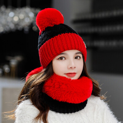 

Autumn&winter 2019 Wool Hat Womens color matching wool ball warm knit hat set head Bib Set hat manufacturer direct sales
