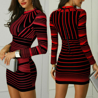 

Sexy Women Bodycon Long Sleeve Stripe Evening Party Cocktail Club Short Dress