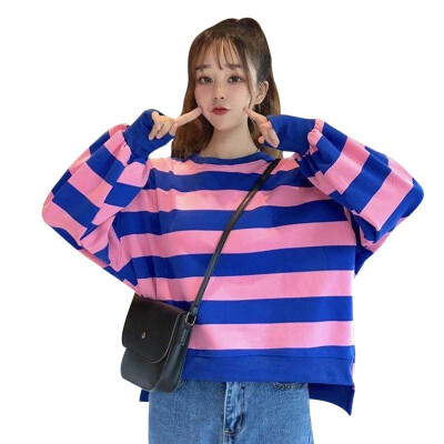 

New Hot Sale Women Autumn Spring Stripes Print Slim Sweatshirts Long Sleeved Round Collar Slim Casual Sweatshirts