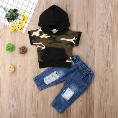 

Hot fashion Newborn Baby Boy Sleeveless HoodieDenim Jeans Frayed Pants Clothes