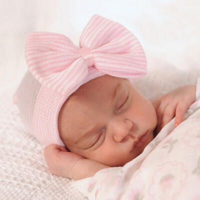 

Fashion Baby Girls Infant Striped Cap Hospital Toddler Soft Beanie Stripes Hat Bowknot Hot Sale