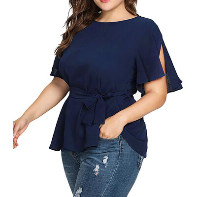 

Starmoon Womens Solid Plus Size Short Sleeve Shirt Belted Knot Blouse Tops