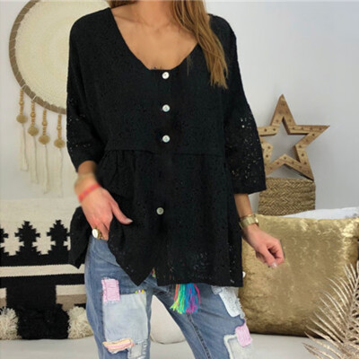 

Womens Blouse Casual Loose Lace Pullover Hollow Floral 34 Sleeve Tops Shirt