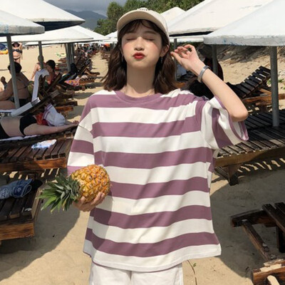 

Oversize Korean Style T-shirt Women Short Sleeve Striped Casual Loose Tee Hip Hop Streetwear Plus Size Cotton Blend Tshirt