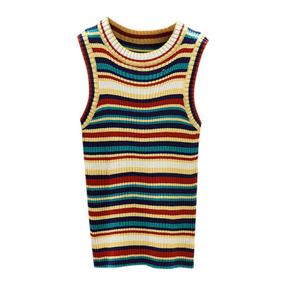 

Women Rainbow Contrast Striped Round Neck Summer Tops Sexy Sleeveless Tank Tops Female Casual Knit Vest Clothing New