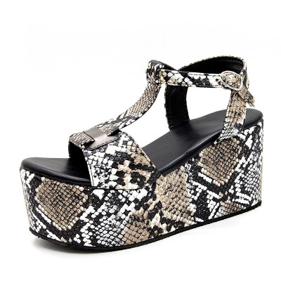 

YI XIE European station summer new snake skin thick platform muffle wedge with open toe sandals Roman womens shoes 7440