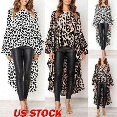 

Womens Irregular Leopard Print Sleeve Blouse Long Tops Tunic Dress Culb T Shirt