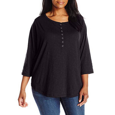 

Roseonmyhand Fashion Women Plus Size Solid Casual O-Neck 34 Sleeve Botton Shirt Blouse Tops