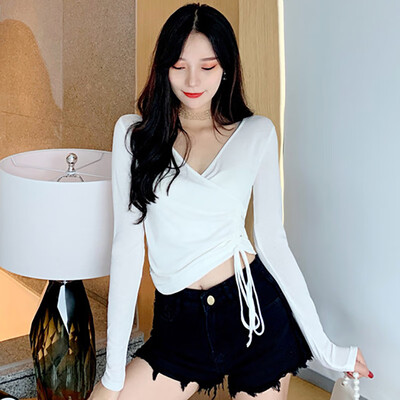 

Autumn Sexy V-neck Long-sleeved Womens Tees Fashion Novel Drawstring Design Solid Color Tshirt Tops