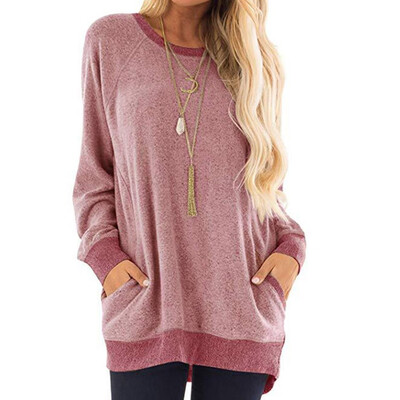 

2019 Autumn Winter Fashion Women O-neck Long sleeves Contrast color Pocket Casual Loose T-shirt