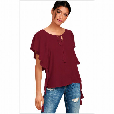 

Multicolor round neck ruffled short-sleeved tassel straps solid color casual straight top