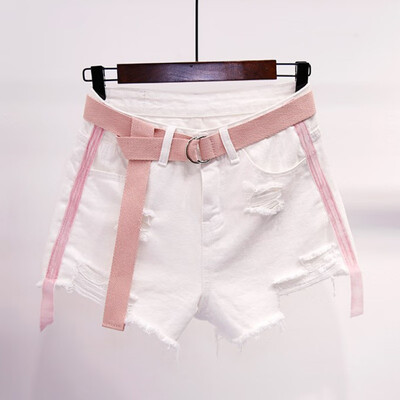 

Women Solid Color High Waist Slim Casual Shorts Elastic Waist Summer Loose Hole Hot Denim Shorts
