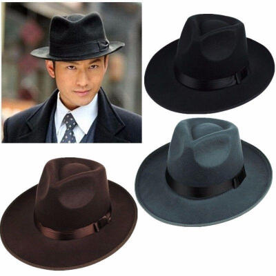 

Retro Unisex Hard Felt Fedora Trilby Hat Gangster Cap Ribbon Band for Women Men