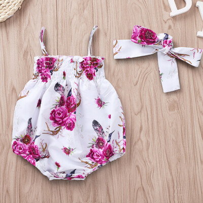 

Newborn Infant Baby Girls Straps Flower Print Romper Sunsuit Hair Band Bodysuit