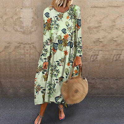 

Tailored Womens O-Neck Plus Size Long Sleeves Printing Splicing Casual Long Dress