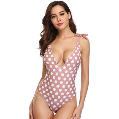 

Women One Piece Sexy V Neck Swimsuit Polka Dots Bowknot Backless Swimwear