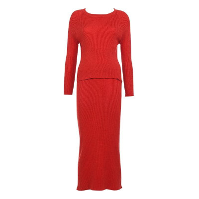 

Sexy Women Two-piece Set Knitted Sweater Long Sleeve Slim Bodycon Midi Skirt Split Winter Suits Outfits GreenBlackRed