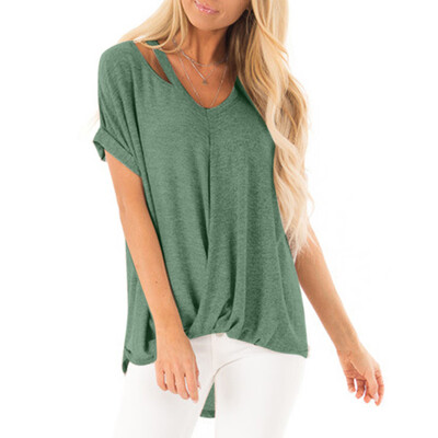 

Nomeni Women V-neck T-Shirt Off-the-shoulder Short-sleeve Blouse Knot Fold Shirt Tops