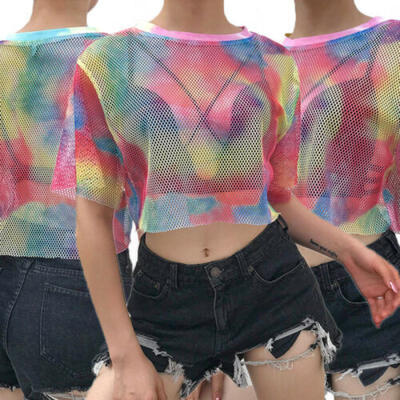 

US Fashion Women Short Sleeves Round Neck Tie-Dye Print Casual Shirts Crop Tops