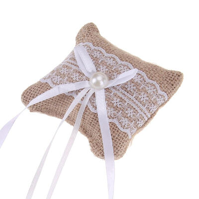

Lace Bow Ring Pillow Wedding Vintage Burlap Jute Cushion Wedding Decor
