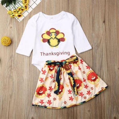 

US Thanksgiving Baby Girl Top Romper Bodysuit Skirts Turkey Outfits Clothes Set
