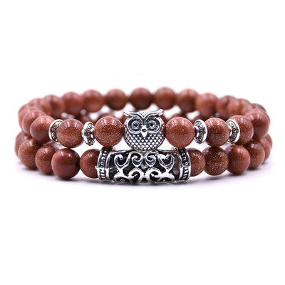 

18 Colors 2PcsSet Owl Lava Stone Bracelet Set Tiger Eye Stone Charm Bracelets Bangles