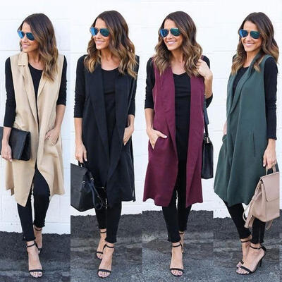 

New Women Casual Sleeveless Long Duster Coat Jacket Cardigan Suit Vest Waistcoat