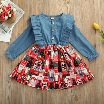 

Toddler Girls Baby Dress Long Sleeve Princess Party Denim Dresses Kids Clothes