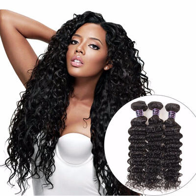

3 Bundles Brazilian Deep Wave Human Hair Weave Bundles 300g For Full Head Natural Color Non Remy Hair