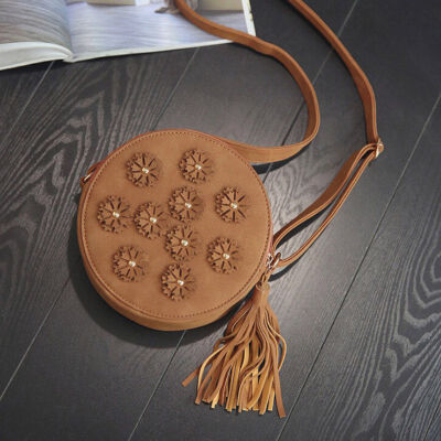 

2019 Women Leather Shoulder Bags Adjust Straps Circular Handbags Fashion Floral Tassels Crossbody Mini Round Bag