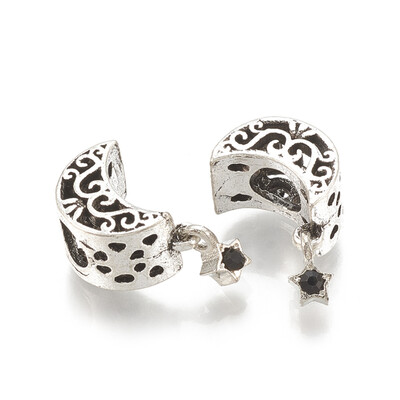 

Alloy European Beads Large Hole Beads with Rhinestone Moon&Star Antique Silver Jet 18mm Hole 45mm