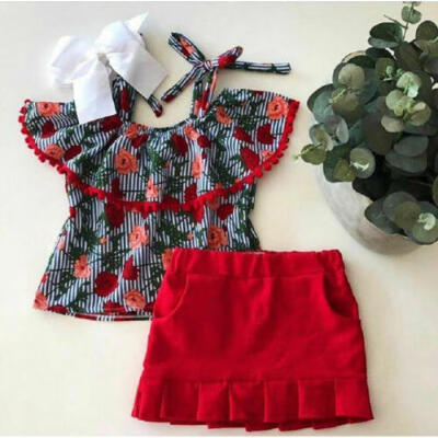 

Toddler Kids Baby Girl Summer Clothes Flower Stripe Tops Skirt Dress Outfits Set