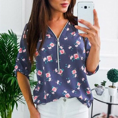 

Women Floral Long Sleeve Zipper V Neck Blouse Top Ladies Casual OL Work T Shirt
