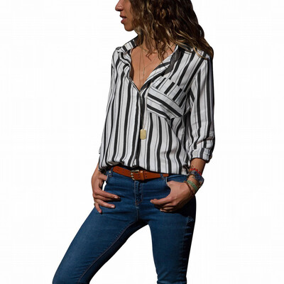 

Suit collar long sleeve button striped casual loose blouse top