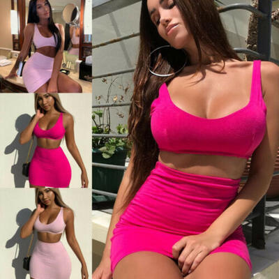 

Women Sexy Bodycon Two Piece Crop Tops Skirt Set Mini Dress Evening Party Beach