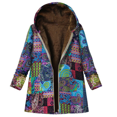 

Toponeto Women Winter Vintage Warm Printed Pockets Thicker Zipper Hooded Coat Outwear