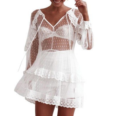 

Women Sheer Cover up Dress Hollow Out Dot Mesh Ruffles See Through Lace Beach Bikini Cover Ups Dress