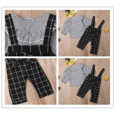 

Toddler Kids Baby Girl Outfits Clothes Set Stripe T-shirt Tops Plaid Strap Pant