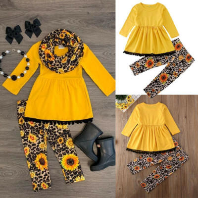 

US STOCK Flower Kids Baby Girl Outfit Clothes T-shirt Top DressLong Pants Set